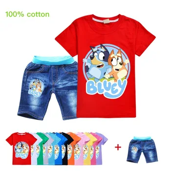 

Christmas Outfit Fashion Dogs Kids Clothing Cotton Bingo Bluey O Neck Girls Summer Top T Shirt + Denim Shorts Boys Clothes Sets