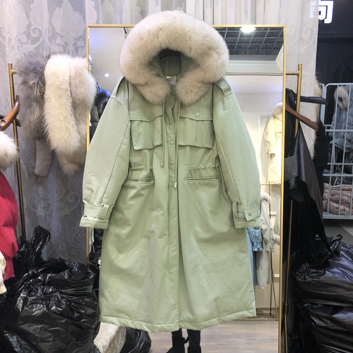 

New Winter Large Fox Collar Windbreaker Down Jacket Women Medium Long Thicker Hooded Parka Mujer Large Size Loose Padded Jacket