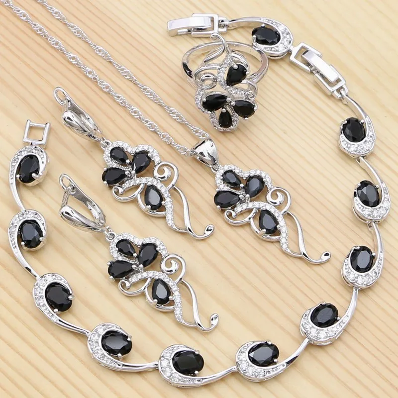 

925 Серебряный панк набор украшений для женщин Вечерние черные кубические циркония Белый Кристалл кольцо браслет ожерелье кулон серьги