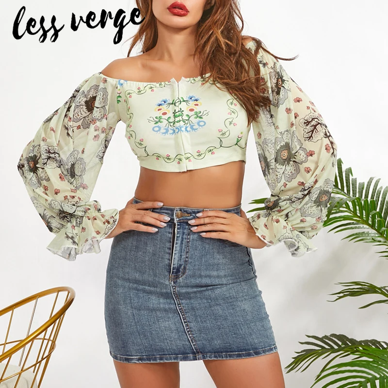  lessverge Vintage floral chiffon blouse shirt lantern sleeve ruffle off shoulder short top Women go