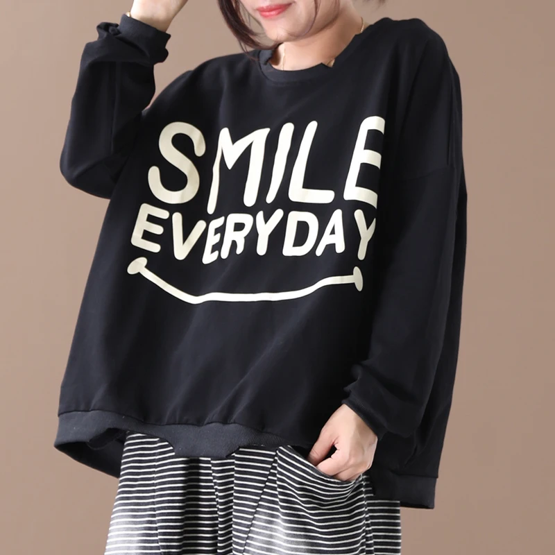 

2019 female new autumn and winter plus size Korean style berif literary with letter print smiley long -sleeve loose sweatshirt
