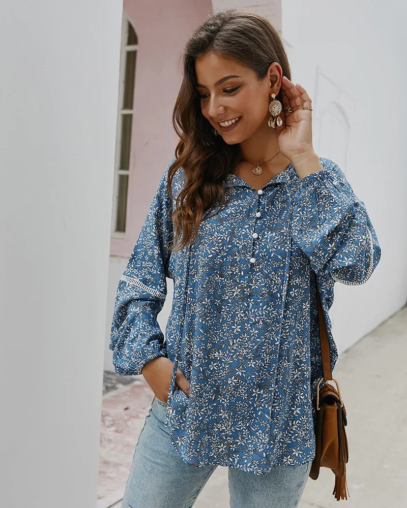 QPFJQD Boho шикарные винтажные цветочные печатные жемчужные рубашки на пуговицах Топы женские Повседневный пляжный костюм с длинным рукавом блузки Blusas весна осень