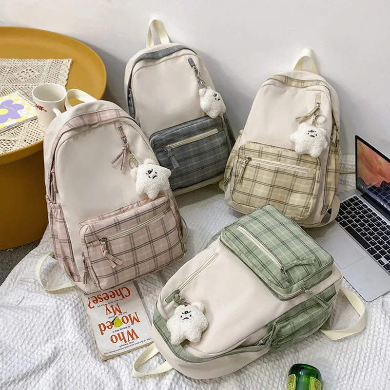 Cute Girl Lattice Travel School Bag Fashion Lady Kawaii Book Backpack Trendy College Cool Female Plaid Backpack Women Laptop Bag Stylish Backpacks for man