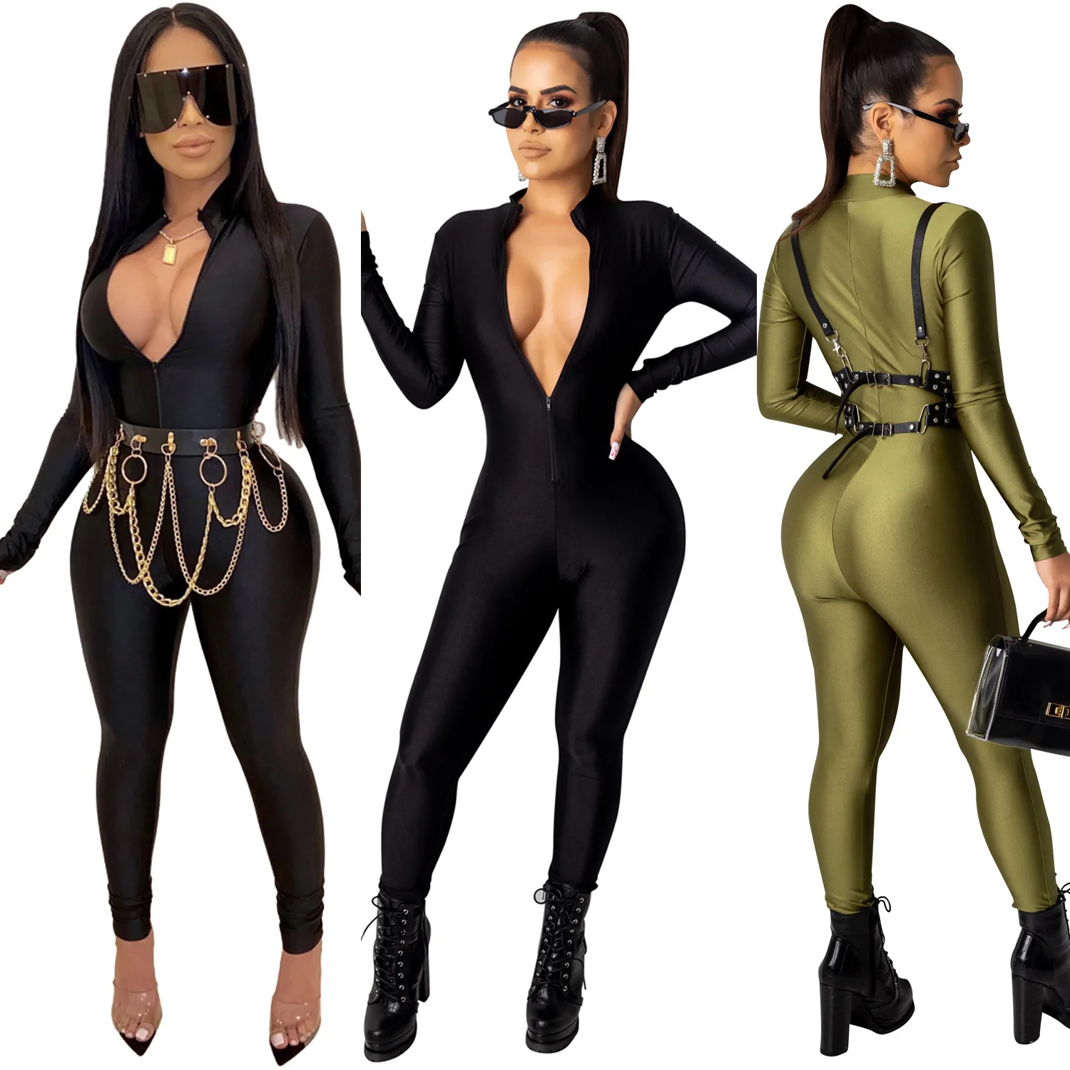 

2020 Fashion Women Jumpsuit Solid Color Long Sleeve Mid Waist Jumpsuit For Women Sexy Bodysuit Fitness Bodysuit Women