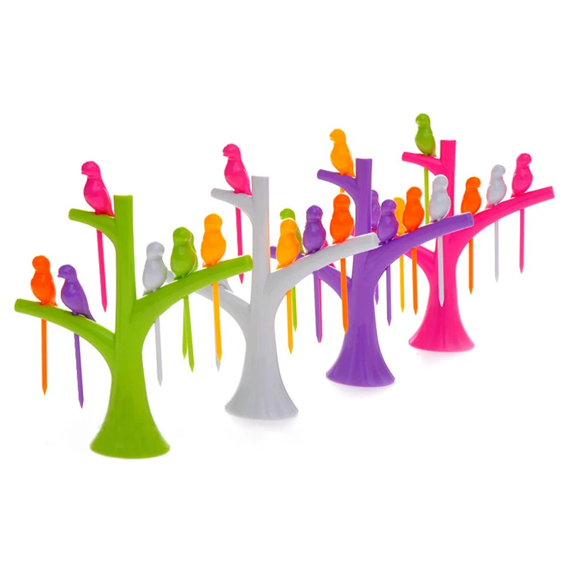 Tree Shape Fork Holder Flying Bird Fruit Mounting Stand+6 Forks Home Product Multi Function Toothpick Gadget Kitchen Accessories