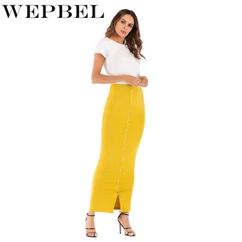 

WEPBEL Button High Waist Elastic Skirt Solid Color Ramadan Muslim Women Skirt Clothing Fashion