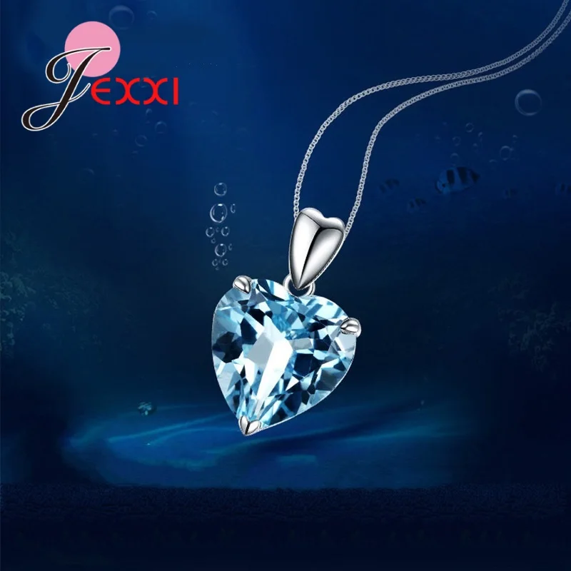 Pendant necklace Elegant Luxury Blue Crystal Rhinestone Heart Pendant Necklace Women AAA Zircon 925 Sterling Silver Birthday Wedding Jewelry
