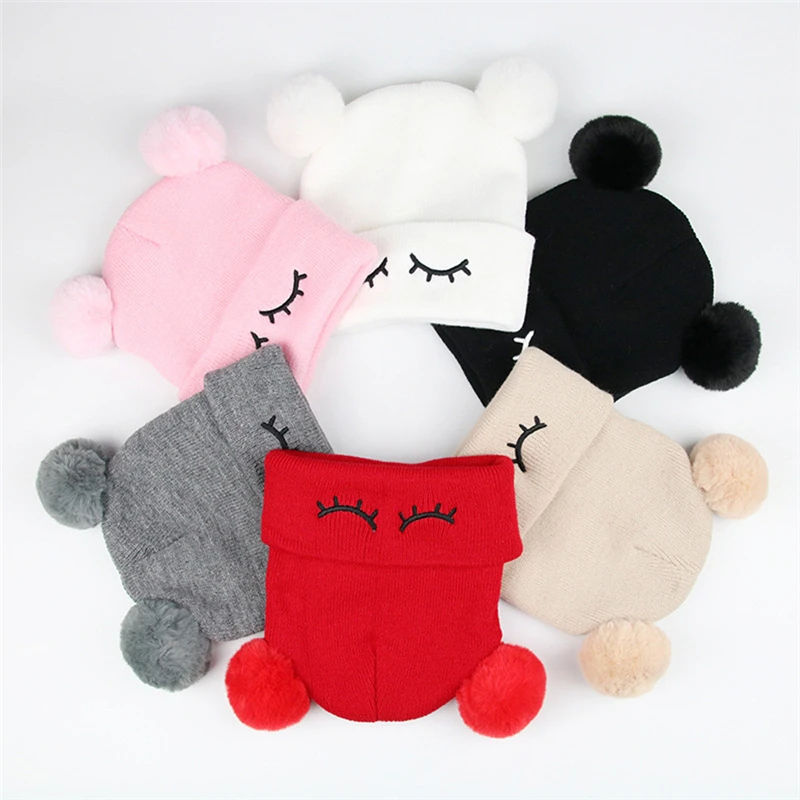 

Toddler Girls Boys Winter Hats Infant Baby Winter Keep Warm Hat Cute Double Fur Ball Crochet Hat Children Kids Beanie cap