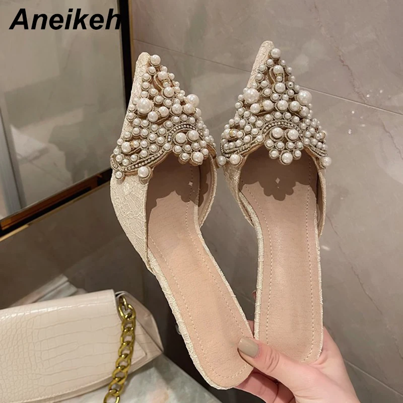 Women Slippers Aneikeh Spring/Autumn Fashion Sexy Elegant String Bead Crystal Patchwork Slip-On Thin Heels 35-42