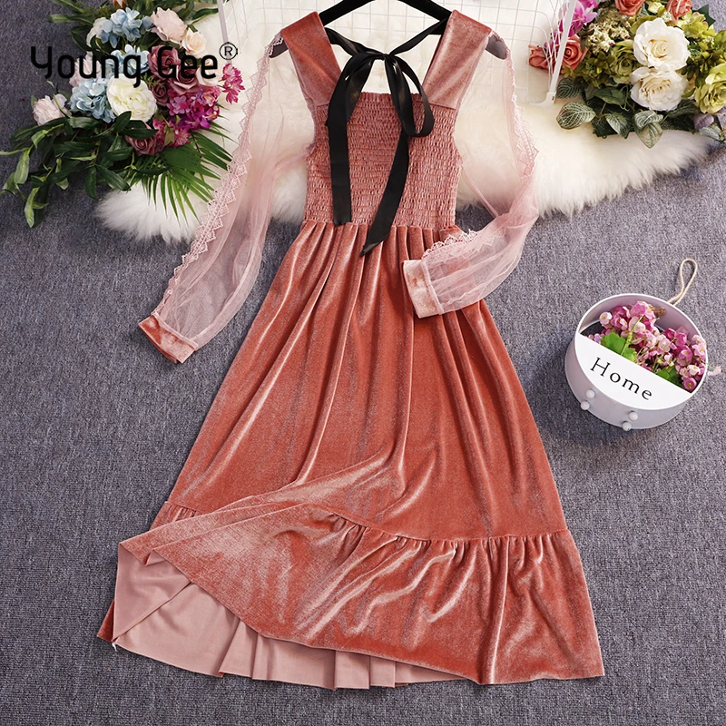 

Young Gee Vintage Velvet Dress Autumn Women Elegant Square Collar Long Sleeve Back Bow Bandage Slim Swing Knee-length Dresses