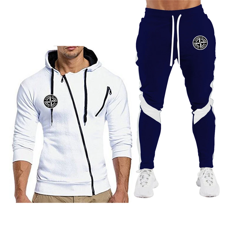 

Men Badge Hoodie + Sweatpants Autumn and Winter Zipper Pocket Hooded Sweatshirt Long Sleeve Zipper Slim Jacket Fashion Brand Set
