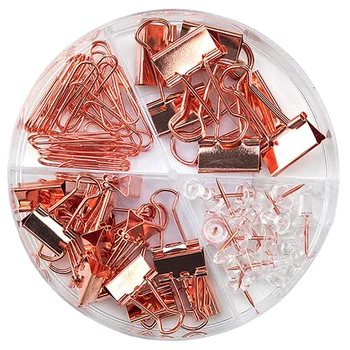 

Fashion Binder Clips Paper Clips Push Pins Sets with Box for Office School and Home Supplies Rose Gold Office Tools Set