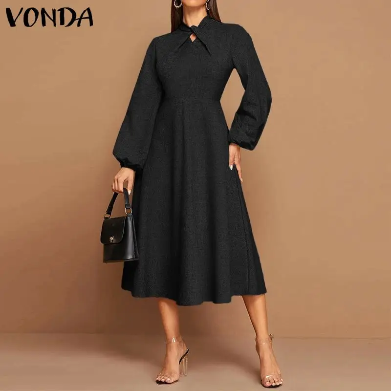 VONDA 우아한 드레스 2020 가을 봄 긴 랜턴 슬리브 셔츠 드레스 여성 플러스 사이즈 솔리드 숙녀 로브 보헤미안 Vestidos