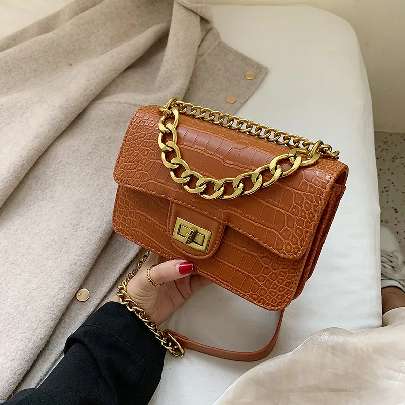 

New Arrival Bag Women's 2020 New Style Versatile Lock Crossbody Bag Retro Stone Pattern Chain Square Sling Bag