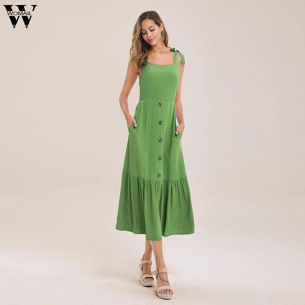 Womail Fashion Для женщин платье одежда без рукавов, на пуговицах, с карманами печатных платье Пляжное длинное платье, сексуальное платье, женская летняя обувь