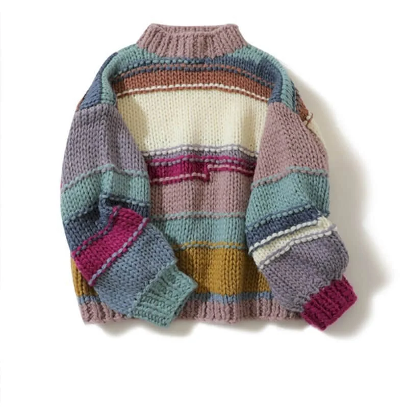 

Women's sweater 2020 new women's fall/winter pullover loose outer wear Japanese lazy knit sweater color matching thick line tops