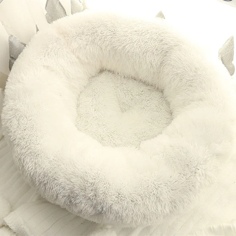 Круглый плюшевый домик для кошек мягкая длинная плюшевая кровать для кошек круглая кровать для собак для маленьких собак Лежанка для котов зимняя теплая Лежанка коврик для щенка - Цвет: white