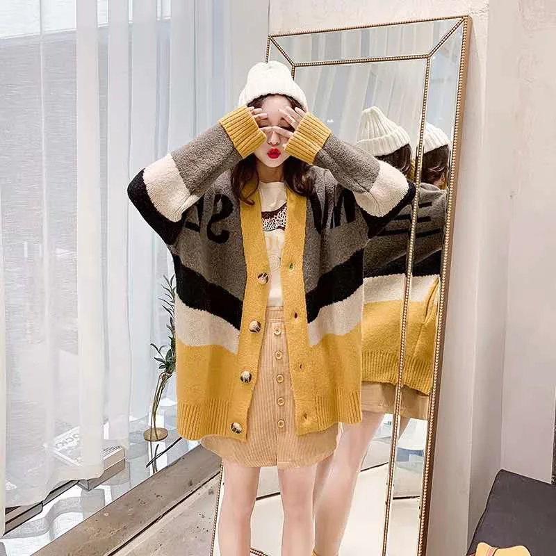 Neploe корейский Crazy style свободный тонкий свитер кардиганы женские средней длины лоскутное письмо Pull Femme вязаное зимнее пальто 46509