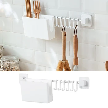 

6 Hooks Kitchen Hanging Rod Adjustable Storage Rack With Chopstick Tube Durable Aluminum Hook Shelf Kitchen Organizer