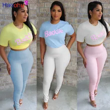 

HAOOHU Active Wear Women's Set Letter Print short Sleeve T-Shirt Pencil Jogger Pants Suit Tracksuit Two Piece Set Fitness Outfit