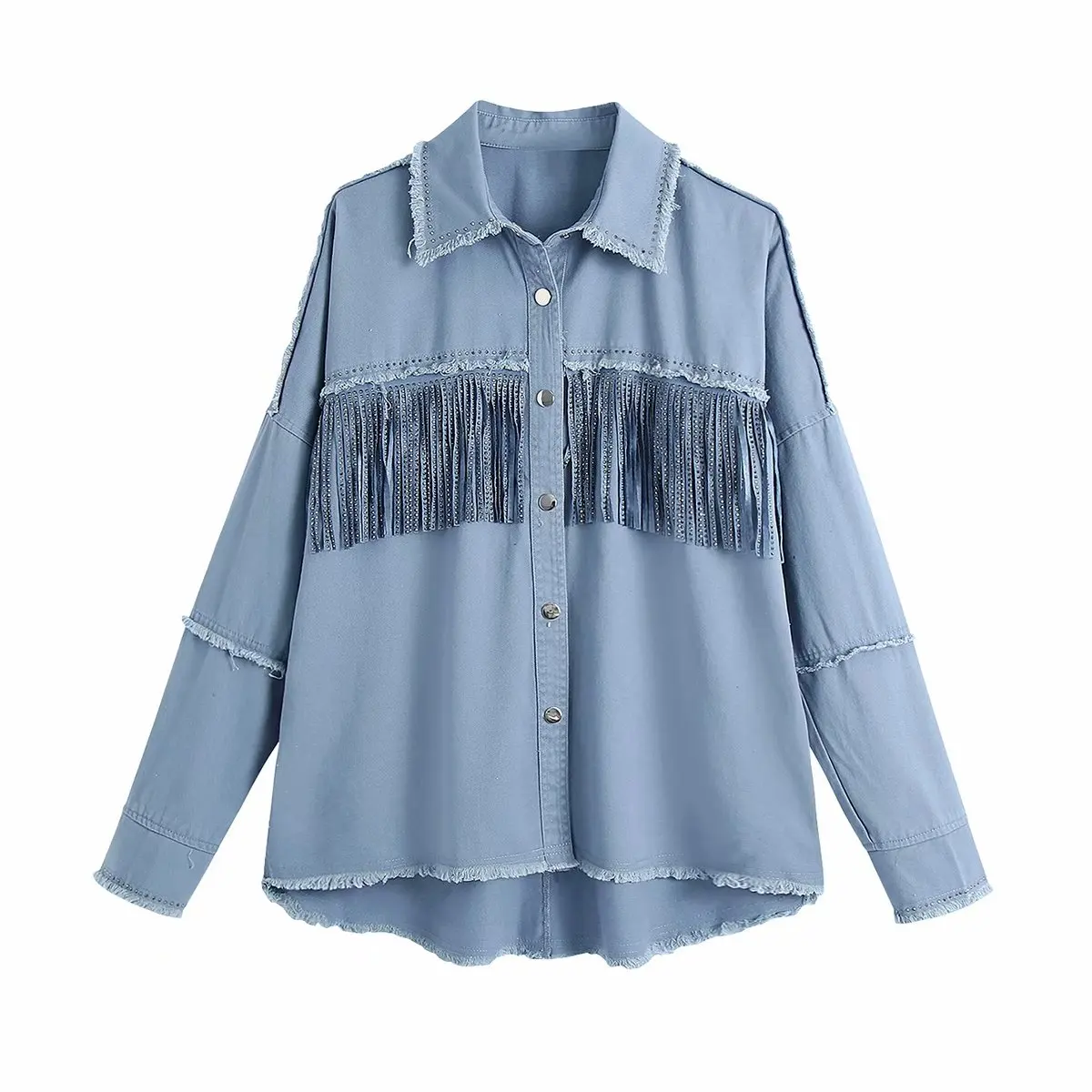 Vintage Denim Studded Fringed Lapel Long Sleeves Female Jacket Hot Drill Single Breasted Irregular Harajuku Chic Women's Tops | Женская