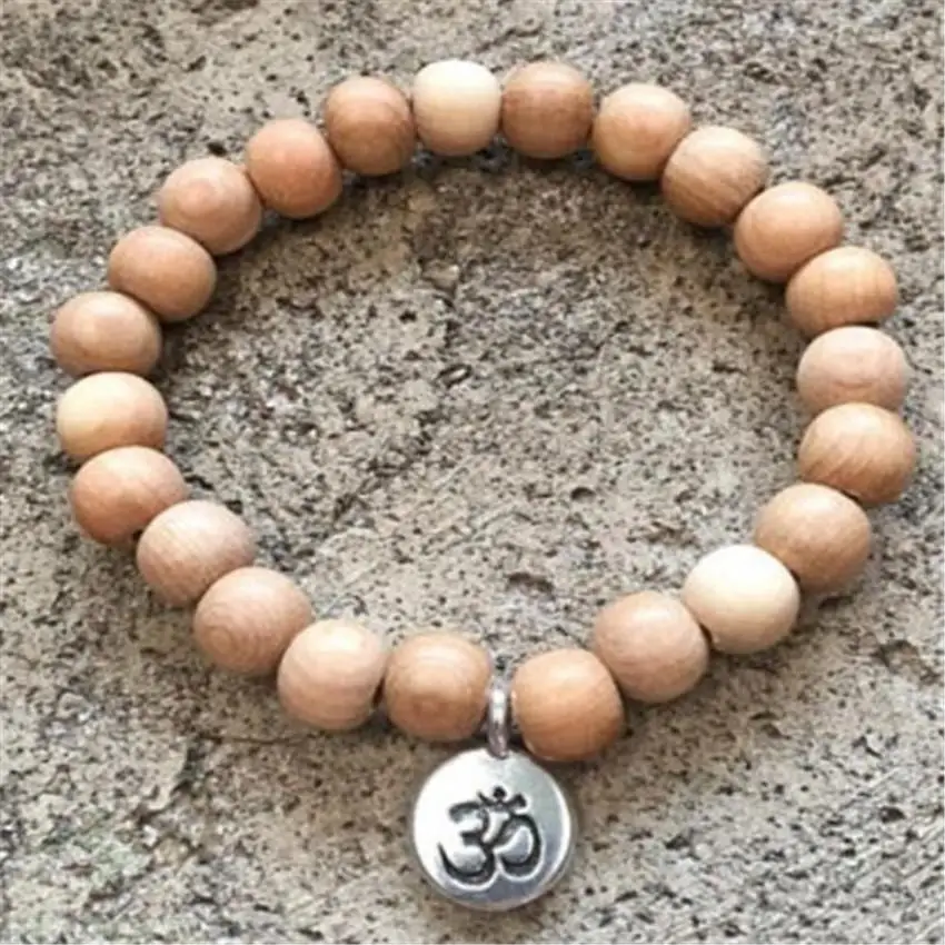 

8mm Woodbead Mala Bracelet 3D pendant Energy Tibet silver Chakras Reiki Cuff Lucky Pray Unisex Healing Meditation Bless Buddhism