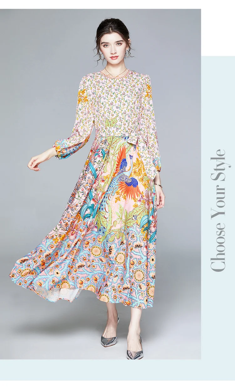 Fashion Designer Runway Long Dress 2020 Spring Autumn Women Dress Puff Sleeve Floral-Print Vacation Elegant Party Maxi Dresses