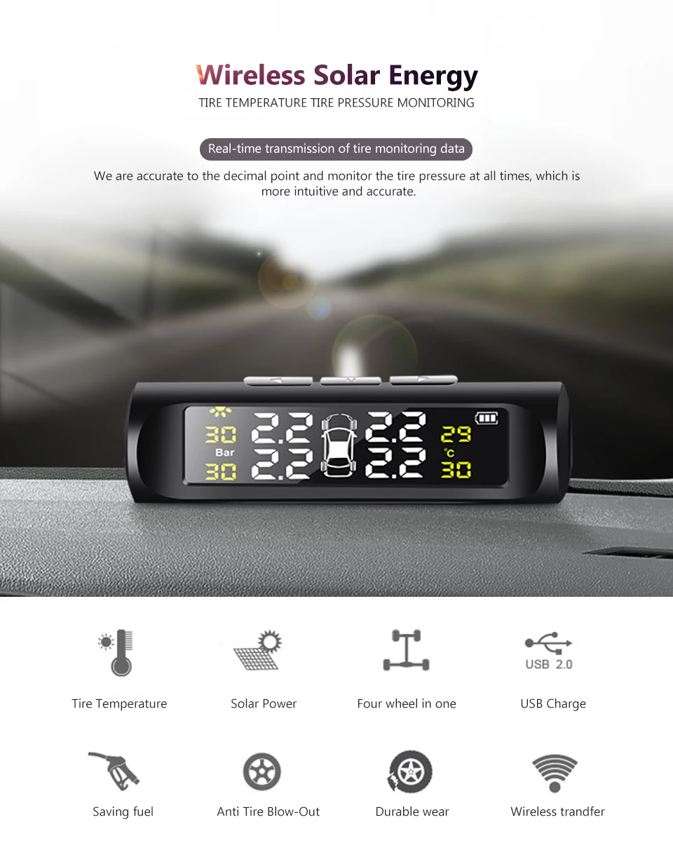 AOSHIKE Универсальный Автомобильный TPMS система контроля давления в шинах с солнечной зарядкой usb цифровой ЖК-дисплей Авто внешний 4 датчика
