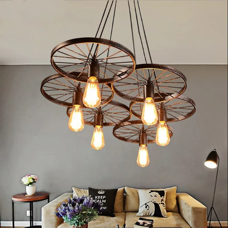 

Vintage Industrial-Style Wheel Chandelier Single-head LED Creative Exhibition Hall Office Lamps American-Style can diao Lighting