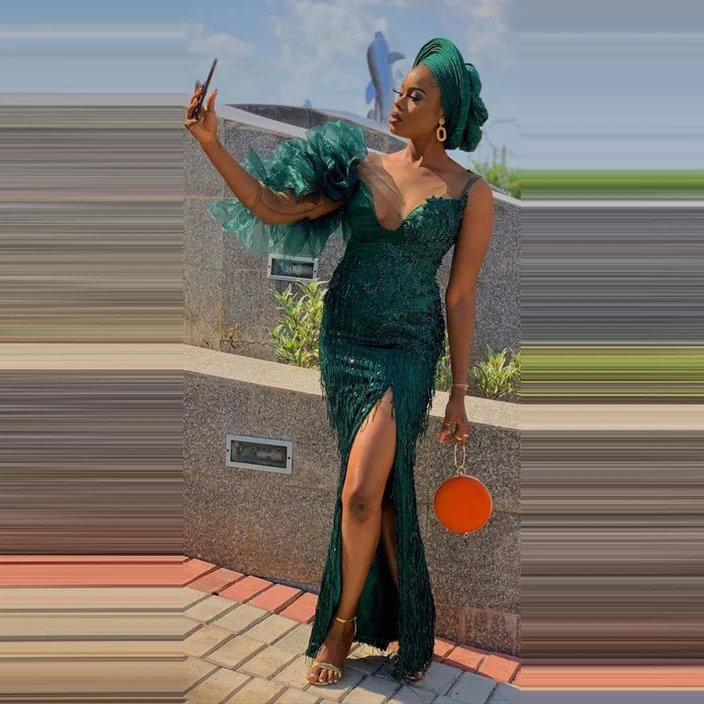 Зеленый Зеленое платье для выпускного вечера Aso Ebi с кисточками и оборками, с аппликацией, с разрезом по бокам, Черное женское вечернее длинное платье для торжеств, стиль - Цвет: Зеленый