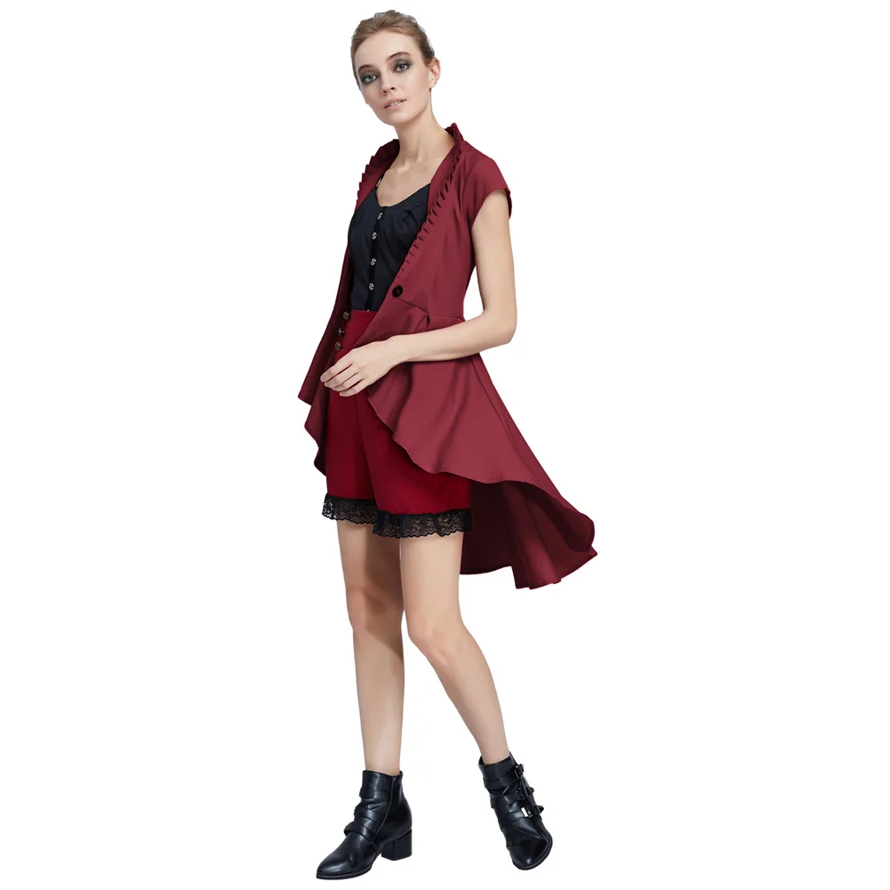 Женское пальто в стиле стимпанк Ренессанс с коротким рукавом и стоячим воротником, пальто с неровным подолом, винтажная однотонная куртка с рюшами на пуговицах
