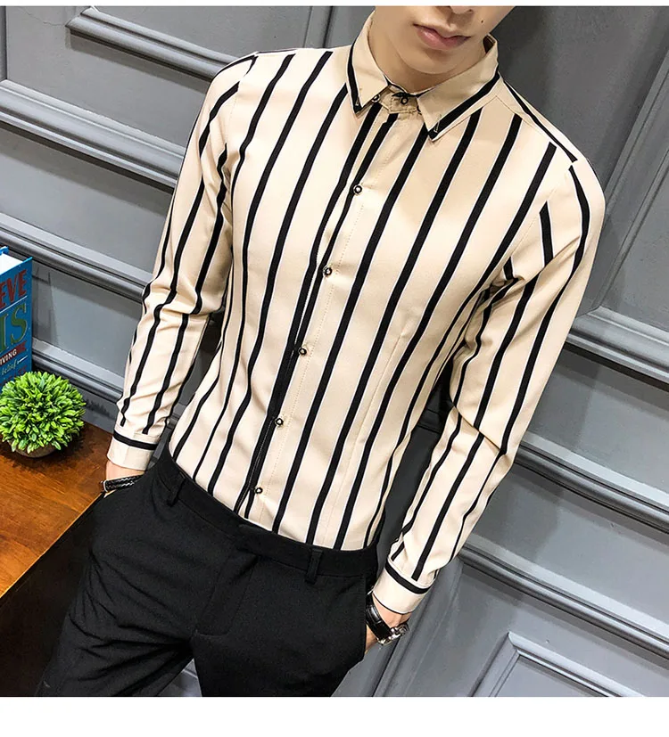 Korean Streetwear Fashion Men's Casual Shirt Slim Fit Men's Casual Striped Shirt Long Sleeve Party Social Shirts Men Male Camisa