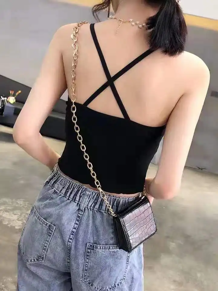 Girls Crossed Straps Short Camis Tops With Bra Women Padding Tanks Crop Tops Female