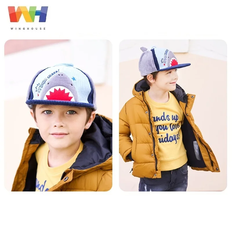 Южная Корея, детская шапка для мальчиков с изображением акулы, динозавра, Вельветовая ветрозащитная теплая шапка-ушанка с ушками