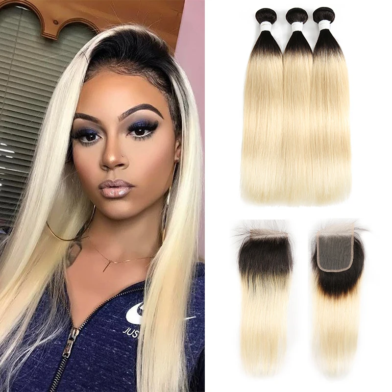 Brazilian Straight Human Hair Bundles With Closure 4x4 Soku Ombre