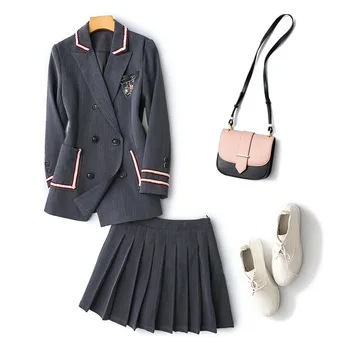 

Preppy Style Grey Suit Blazers and Pleated Skirt Two-piece Set College Style Outfits Coats and Skirt Set