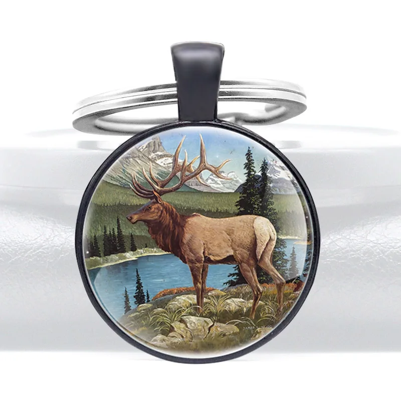 

High Quality Elk Design Glass Dome key Chains Unique Charm Men Women Key Ring Jewelry Gifts