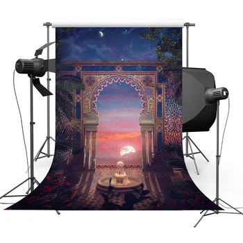 

Sunset Arabian Arch Column Patio Flower Leaves Fountain Backgrounds Vinyl Cloth High Quality Computer Print Wall Backdrops