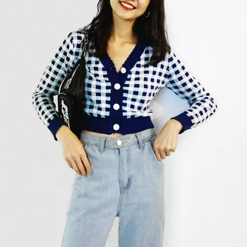 

Women Contrast Trim Check Cardigan In Blue Crop Knit Top