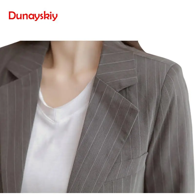 Dunayskiy, новинка, женские брючные костюмы, комплект из 2 предметов, длинный рукав, темно-серый, в полоску, Тонкий Блейзер, пиджак и брюки, Офисная Мода для девушек