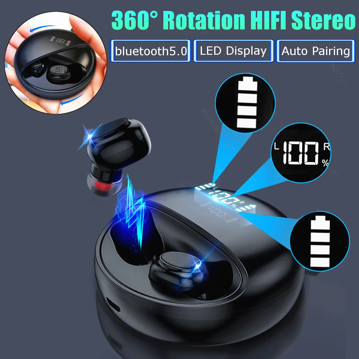 TWS Wireless bluetooth Earphone Waterproof Sport Gaming Headset Noise Earbuds with Mic Charge Box for iPhone Xiaomi