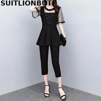 

OL Elegant Ladies L-5XL 2020 Summer Plus Size Two Piece Set Mesh Patchwork Lace Tops Elastic Waist Pencil Pants Ropa Mujer Sets