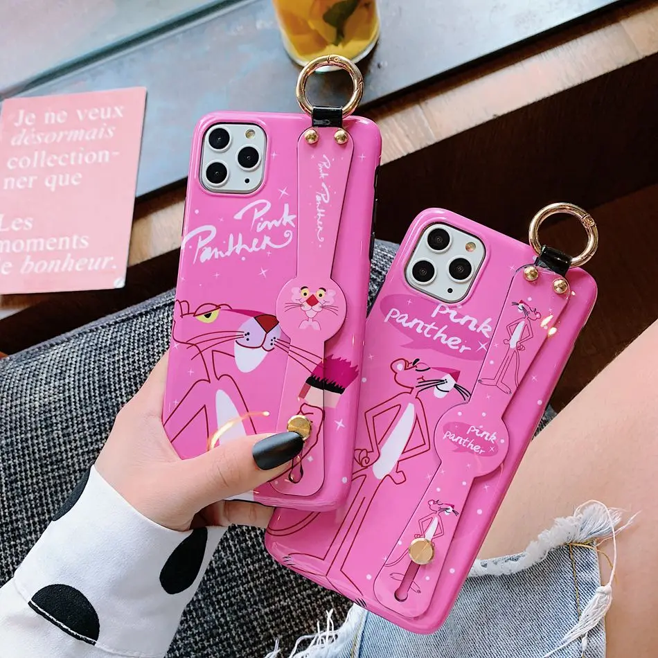 

For iPhone 11 Pro XS Max XR Luxury Case Fashion Cute Pink Panther Lanyard Stand Phone Cover For iPhone 8 7 Plus Shockproof Coque
