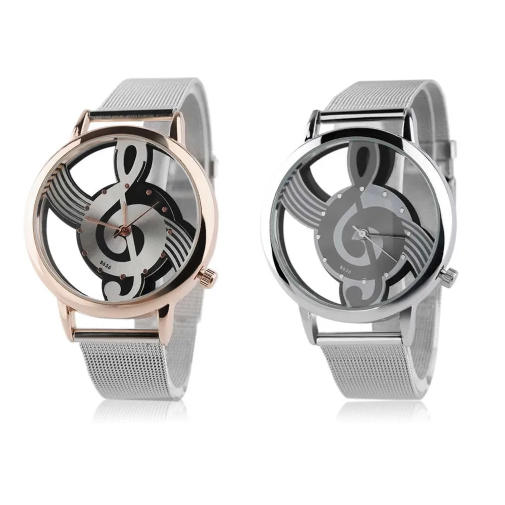 Fashion Watches Hollow Out Music Note Pattern Stainless Steel Mesh Strap Analog Quartz Wristwatch Musical Note Shape Dial