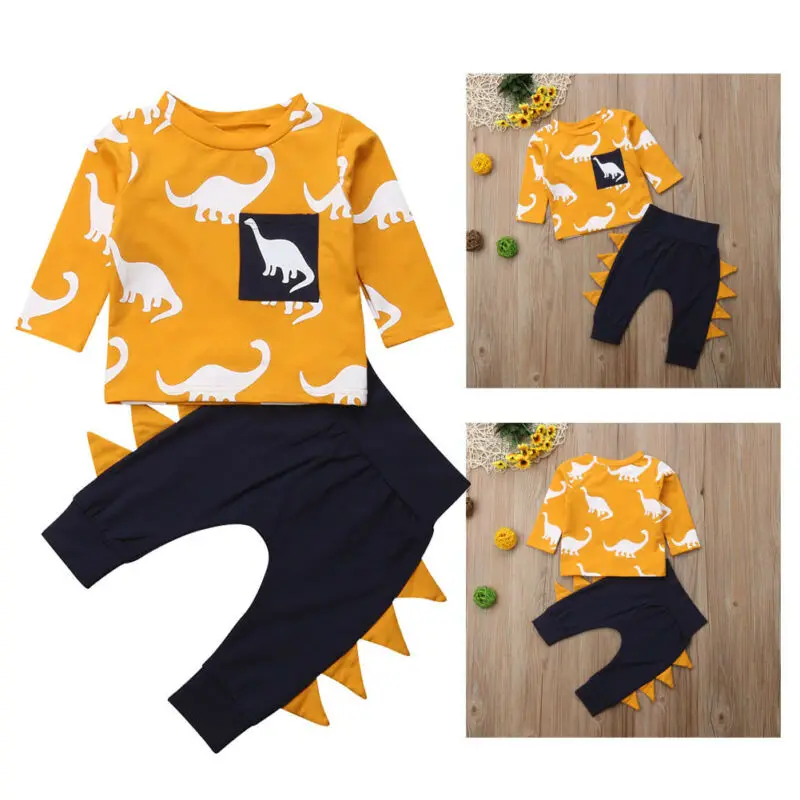 Emmababy для маленьких мальчиков; весенне-осенняя одежда; футболка с короткими рукавами и принтом динозавра; комплект одежды из топа и длинных штанов