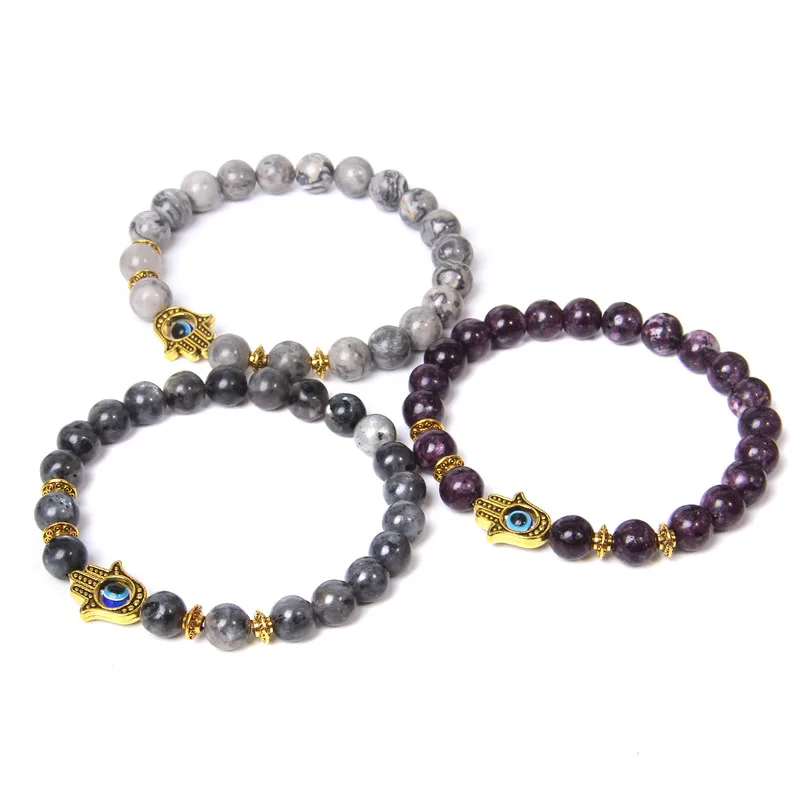 Мужской браслет с натуральным полированным камнем 8 мм Hamsa Fatima ручная работа злая