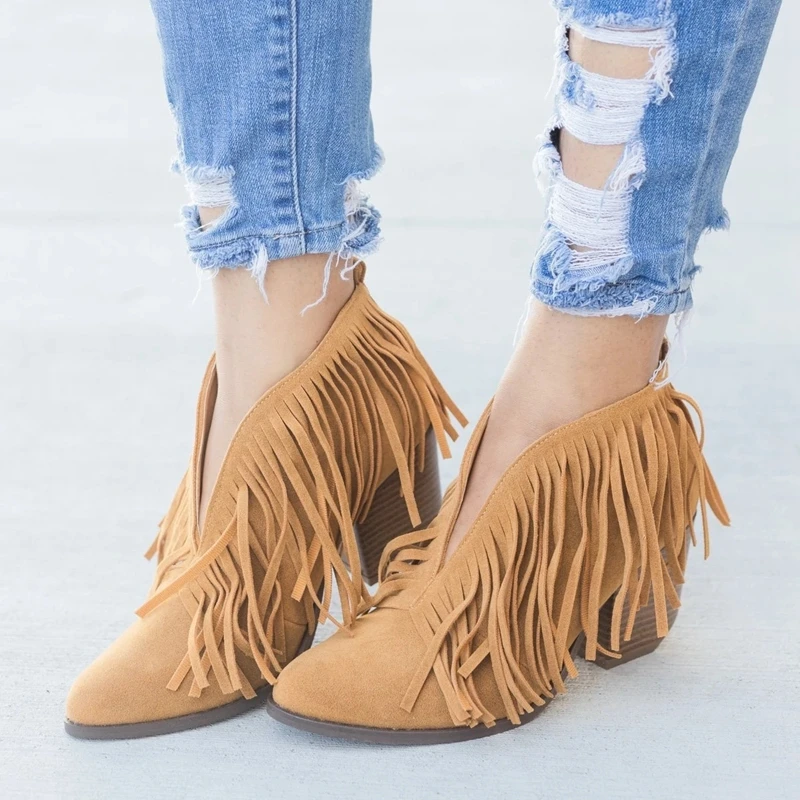 

Puimentiua Chic Women Shoes Retro Fringe Suede High Heel Ankle Boots Female Mid Heels Casual Mujer Booties Feminina Plus Size 43