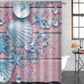 

Wooden shower curtain Shell Starfish Bathroom Curtain Printed Waterproof Polyester Fabric Bath Screen Curtain for Home Decor