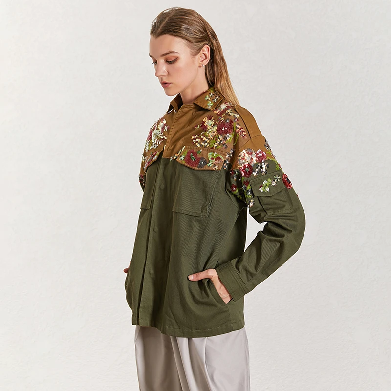 TWOTWINSTYLE Лоскутная Женская куртка с блестками воротник с лацканами длинный рукав однобортный свободный жакет Женская мода Новинка