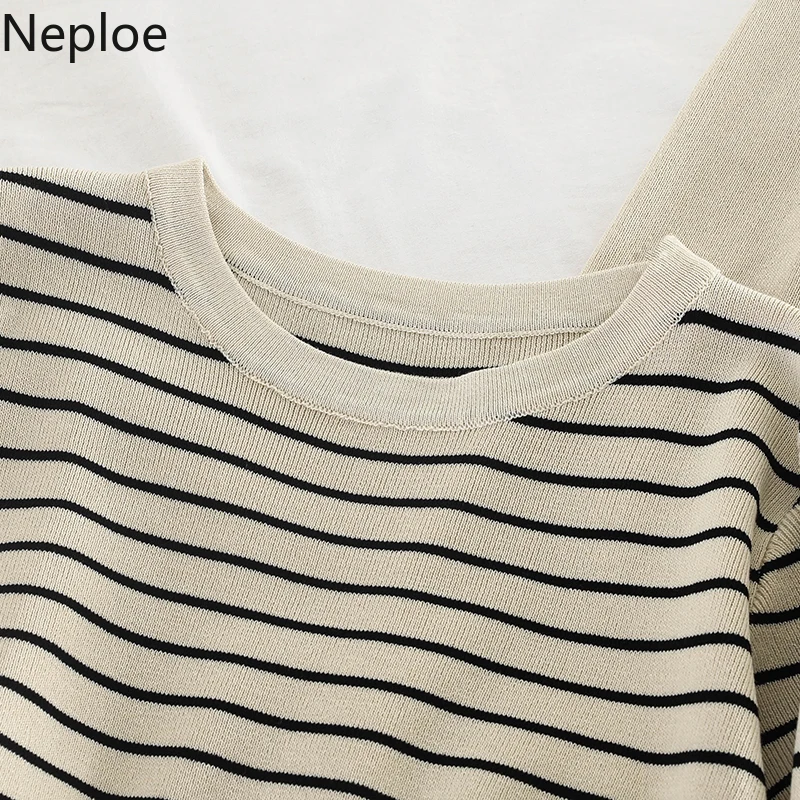 Neploe осень костюм полосатый принт трикотажная короткая футболка+ Высокая талия прямые крестообразные широкие брюки 2 шт Женский комплект 46799
